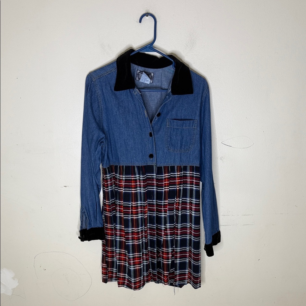 True Blue Cotton Blend Vintage Denim and Plaid Button Front Dress Size Small